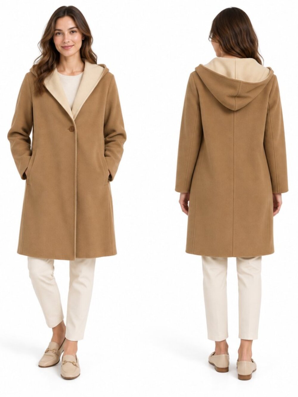 Uniqlo Coat Women's Large Brown Wool Hooded Single Button Tweed Overcoat